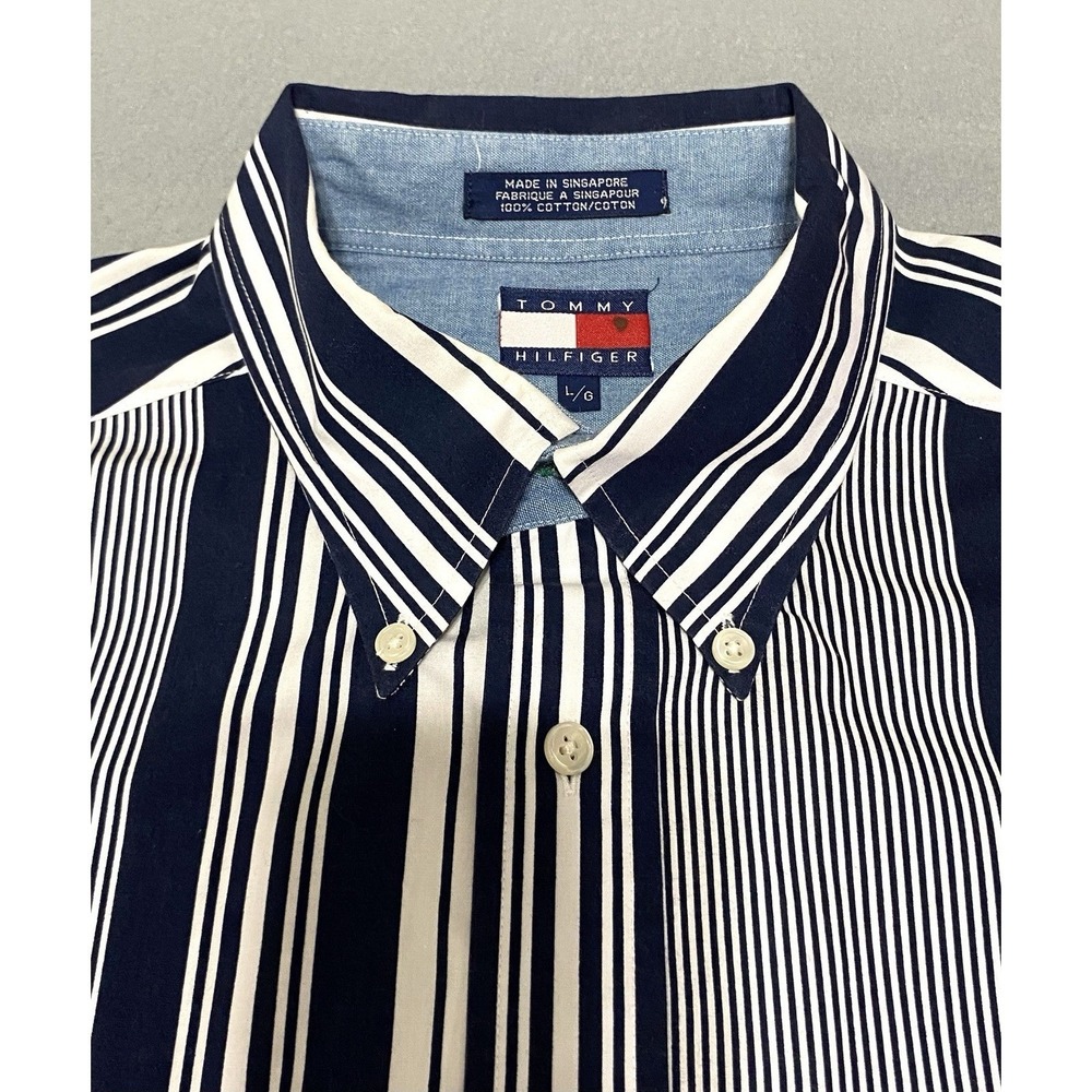 Tommy Hilfiger Mens Large Navy White Mixed Stripe Button Down Cotton Shirt - Picture 6 of 9